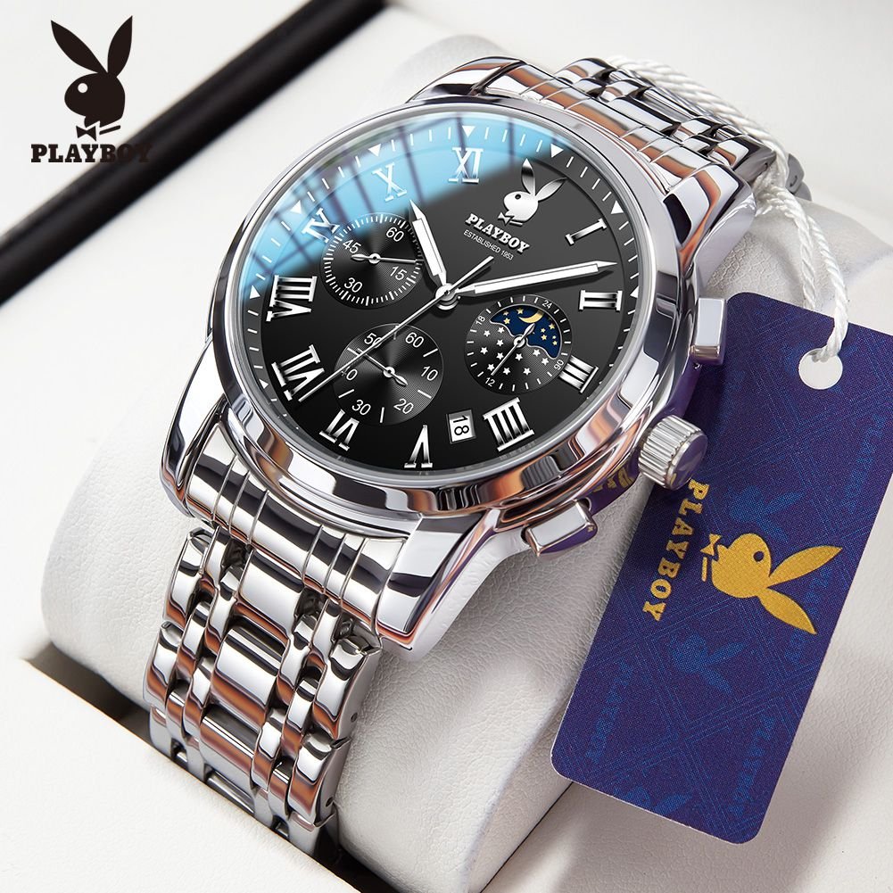 PLAYBOY （ขายแฟลช） สปอตสินค้า นาฬิกาผู้ชาย กันน้ำ ธุรกิจ พร้อมกล่อง ดูเวลา ดูวันที่ เรืองแสง สายสเตนเลส
